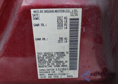 2017 Nissan Altima 2.5 Sr from USA, damaged, VIN 1N4AL3AP5HC152865